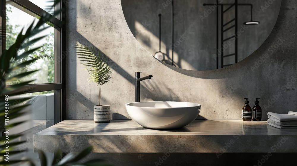 Natural Elegance: Modern Concrete Bathroom Vanity With Glass Washbasin and Leaf Shadow Background for Luxury Toiletry Display Natural Elegance: Modern Concrete Bathroom Vanity With Glass Washbasin and Leaf Shadow Background for Luxury Toiletry Display