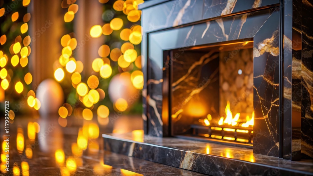 Fototapeta premium Modern Black Marble Fireplace with Bokeh Lights - Luxury Home Interior Design Stock Photo