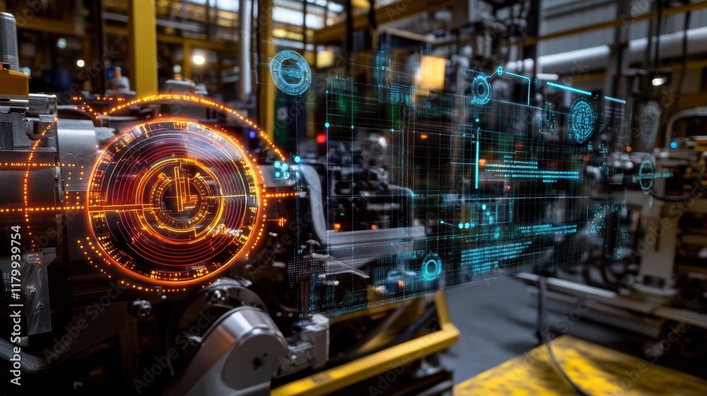 Futuristic augmented reality interface analyzing engine performance and displaying technical data and schematics in a modern manufacturing plant, highlighting advanced industrial technology Futuristic augmented reality interface analyzing engine performance and displaying technical data and schematics in a modern manufacturing plant, highlighting advanced industrial technology