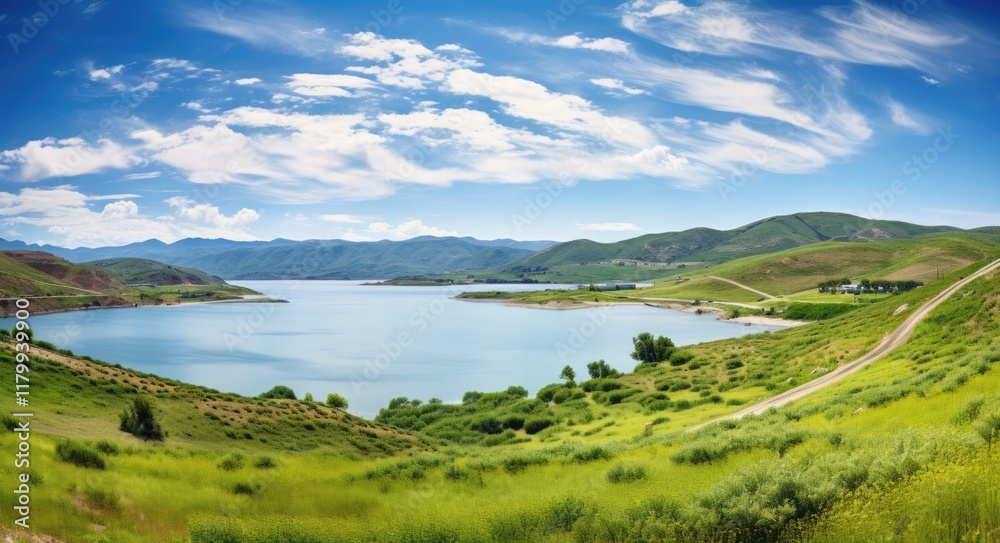 Nature's Panoramic View of Castaic Lake: A Summer Landscape with Blue Skies, Greenery and a Vast Panorama Nature's Panoramic View of Castaic Lake: A Summer Landscape with Blue Skies, Greenery and a Vast Panorama