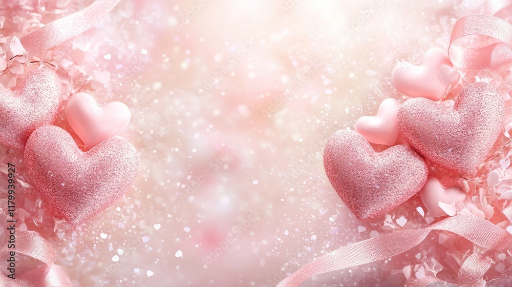 Fototapeta premium Romantic Valentine's Day border frame featuring intertwined hearts, soft pink ribbons, and sparkling glitter effects 