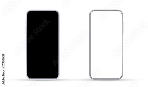 Mock up smartphones with white and black screen. Phone front view mockup on white vector background. Isolated cellphone with blank screen for display your ux,ui design, site, presentation, promo.