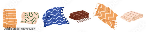 Set of various wool blankets and plaids. Includes rolled, folded, and spread-out plaids with tassels for home interior and picnic. Vector illustration in cartoon style. Isolated white background