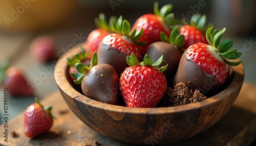 Colorful arrangement of chocolate-covered strawberries in a rustic wooden bowl, bathed in warm. 