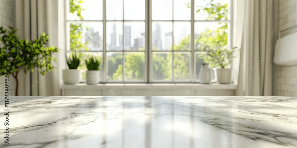 Fototapeta premium Bright interior with a marble countertop and city view through large windows