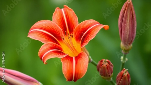 Close-up of a vibrant red lily flower with yellow accents, ideal for floral, nature, and beauty themes. Perfect for greeting cards, posters, and decorative designs. photo