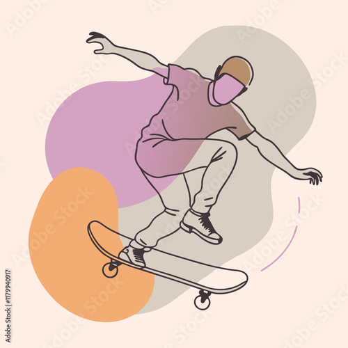 Vector silhouette of a skateboarder performing a trick, captured mid-air with the skateboard flipped underfoot. 