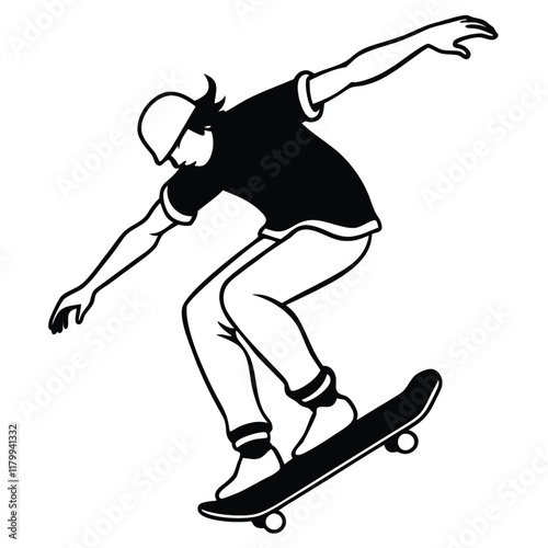 Vector silhouette of a skateboarder performing a trick, captured mid-air with the skateboard flipped underfoot. 