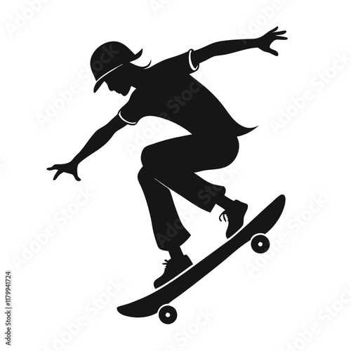Vector silhouette of a skateboarder performing a trick, captured mid-air with the skateboard flipped underfoot. 