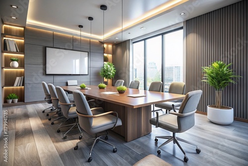 Wallpaper Mural Modern Conference Room: Grey Chairs, Blank Screen, Sleek Interior Design for Presentations & Meetings Torontodigital.ca