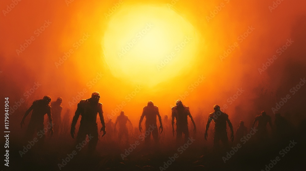Fototapeta premium a group of zombies walking through a foggy field at sunset