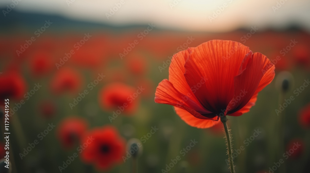 Naklejka premium red moody poppy flower with blurred field background