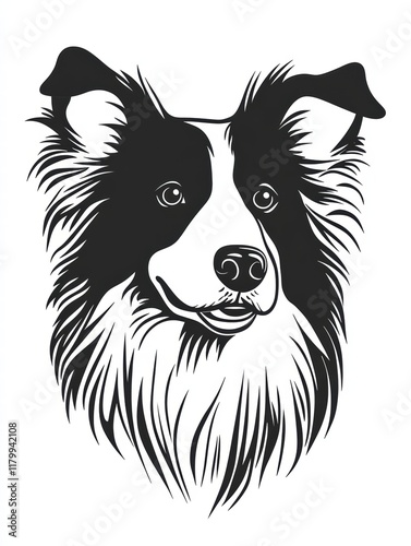 Majestic Border Collie Portrait: A striking black and white illustration of a Border Collie, capturing its intelligent gaze and fluffy coat.  Perfect for pet lovers, dog breed enthusiasts. photo