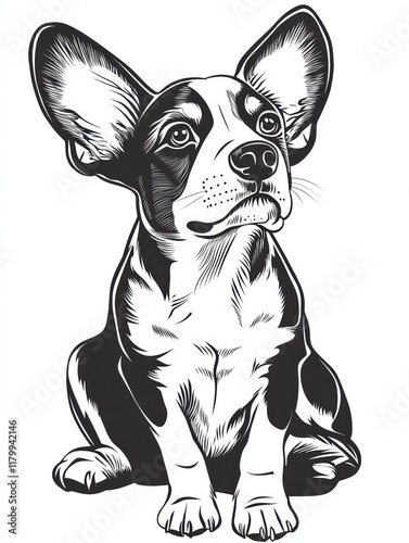 Curious Puppy: A charming black and white illustration of a puppy with big ears looking up, capturing the innocence and playful curiosity of a new furry friend.  