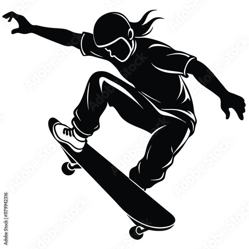 Vector silhouette of a skateboarder performing a trick, captured mid-air with the skateboard flipped underfoot. 