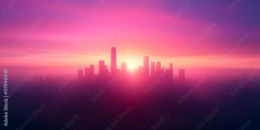 Fototapeta premium A vibrant city skyline at sunset, with tall buildings silhouetted against a colorful sky in shades of pink and purple. Concept City Skyline at Sunset, Vibrant Colors, Pink and Purple Sky
