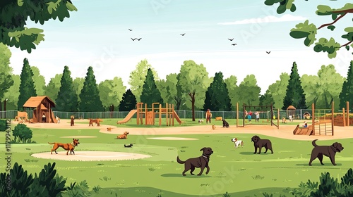 A vibrant dog park with agility courses, frisbees, and wagging tails photo