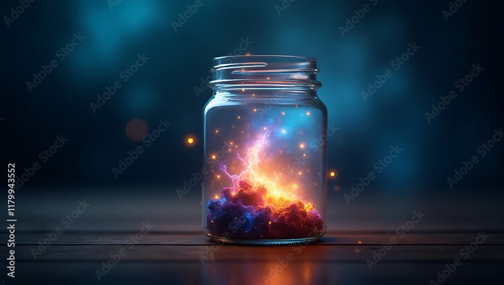Glowing Lightning Storm in a Jar on Wooden Surface with Blurred Blue Background Glowing Lightning Storm in a Jar on Wooden Surface with Blurred Blue Background