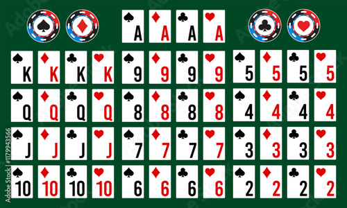 Poker deck of cards with isolated cards. Set of Poker and casino playing cards, full deck. Vector illustration.
