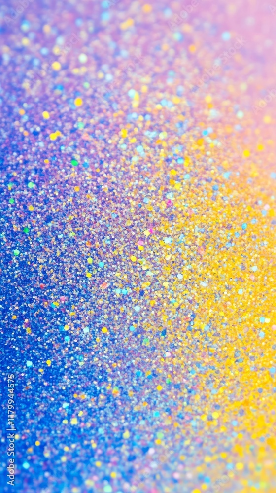 Obraz premium A mesmerizing shimmer of holographic colors seamlessly blends together bright blue, vivid yellow, and soft lilac, creating a stunningly vibrant, iridescent background texture that captivates