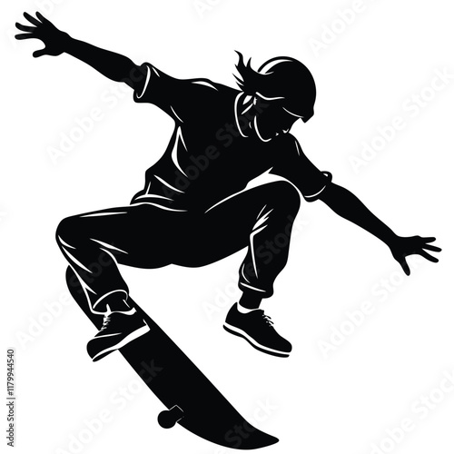 Vector silhouette of a skateboarder performing a trick, captured mid-air with the skateboard flipped underfoot. 