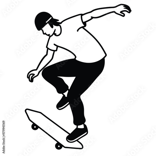 Vector silhouette of a skateboarder performing a trick, captured mid-air with the skateboard flipped underfoot. 