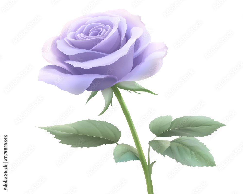 Obraz premium Lavender rose with delicate petals and green leaves, white isolated background