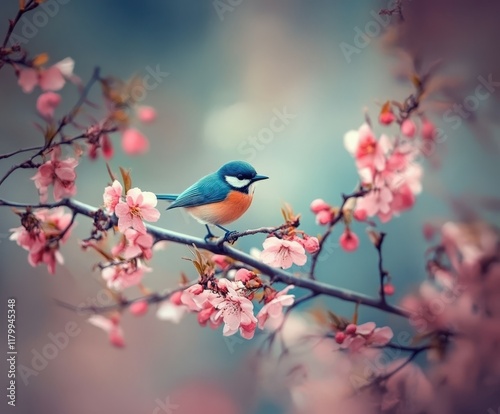 Colorful bird perched on a blooming cherry blossom branch in spring photo