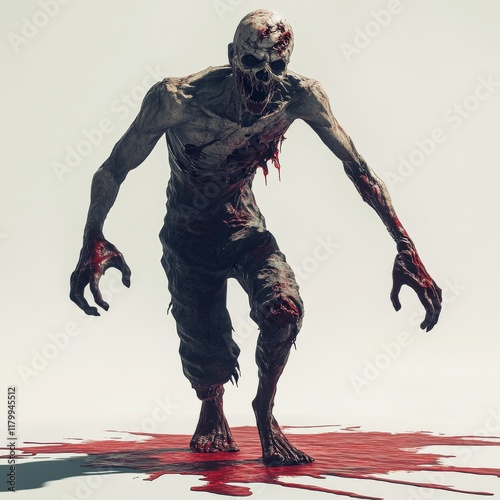 A comical 3D cartoon zombie with green skin, yellow eyes, and an open mouth with its tongue out, covered in blood stains on his body and the floor, dressed in blue jeans. The funny lurching dead man photo