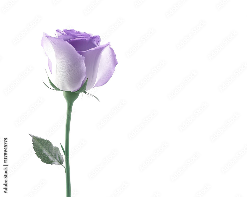 Lavender rose with green stem on a white isolate background Lavender rose with green stem on a white isolate background