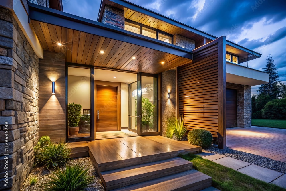 Modern Home Entrance: Night Photography of Wooden Door with Glass Panels Modern Home Entrance: Night Photography of Wooden Door with Glass Panels