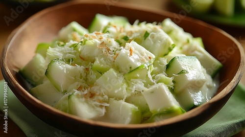 Buko salad or buko pandan in a wooden bowl photo