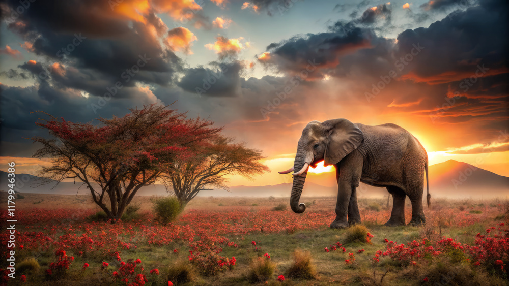 Fototapeta premium solitary majestic elephant stands in vibrant landscape at sunset