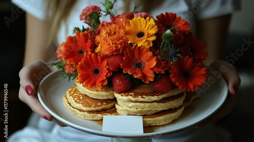 Delicious pancake stack with vibrant flowers presented as a sweet Valentine's Day surprise