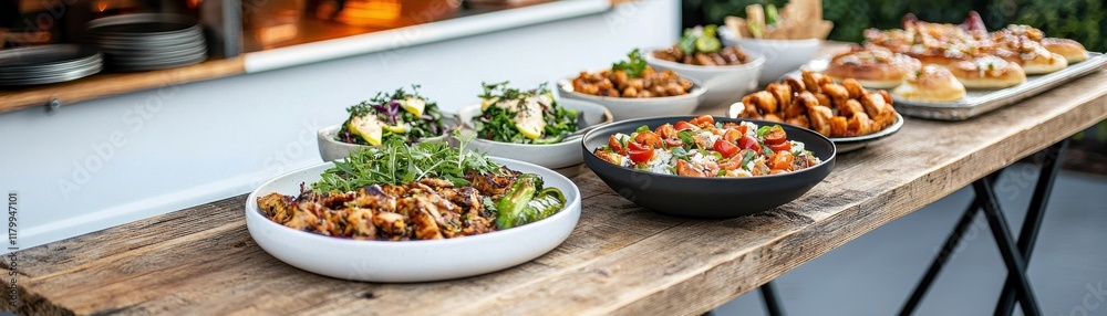 A vibrant display of various dishes on a wooden table, featuring salads, appetizers, and flavorful entrees, ideal for gatherings and culinary events. A vibrant display of various dishes on a wooden table, featuring salads, appetizers, and flavorful entrees, ideal for gatherings and culinary events.