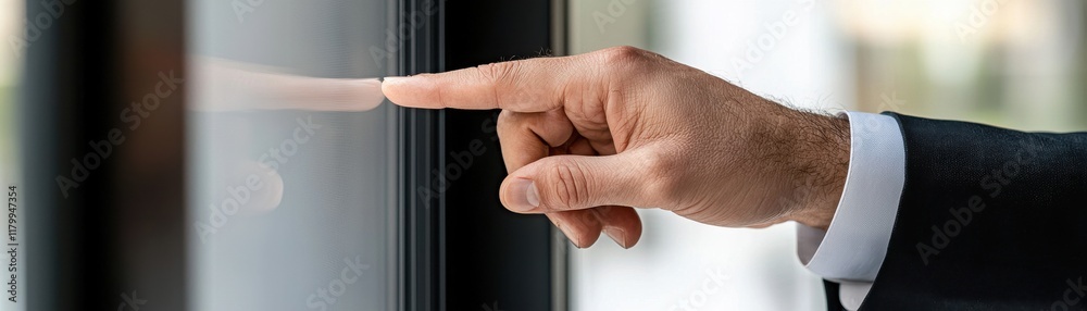 Obraz premium A close-up of a hand pointing at a glass surface, suggesting interaction or inquiry, possibly in a professional or modern setting.