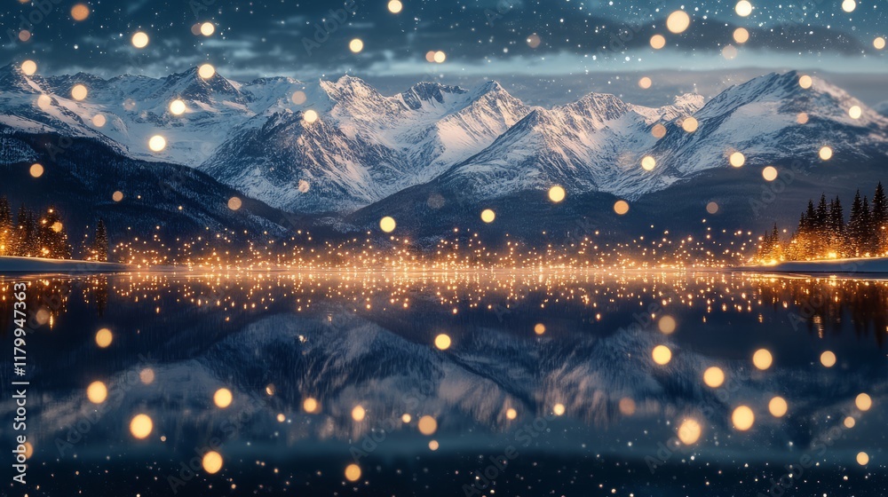Fototapeta premium Snow-capped mountains reflecting on a serene lake, surrounded by twinkling Christmas lights