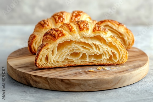 Cut in half croissant on a wooden board. selective focus photo