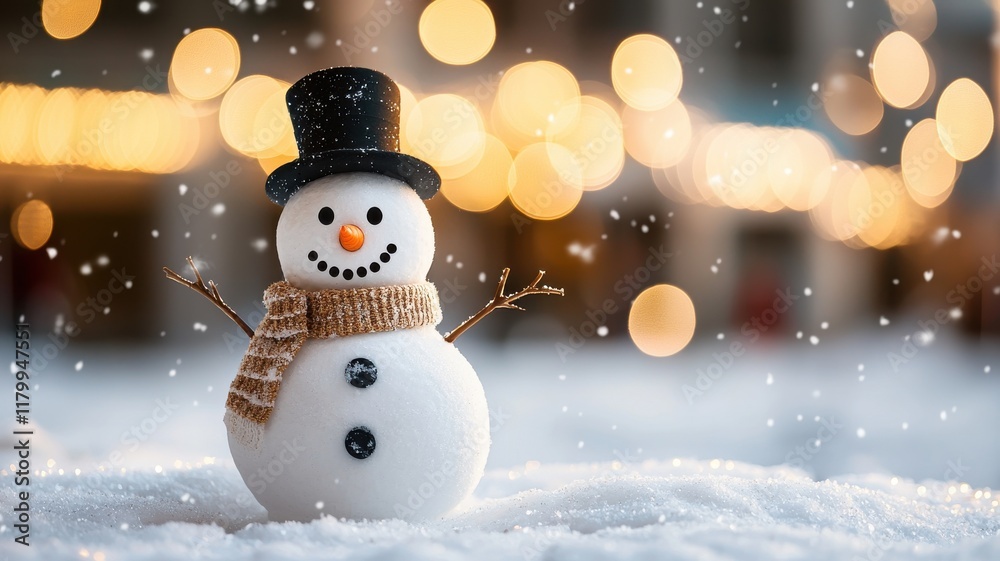 A cheerful snowman adorned with a black hat and scarf stands in a snowy landscape, surrounded by soft, glowing lights, embodying winter joy. A cheerful snowman adorned with a black hat and scarf stands in a snowy landscape, surrounded by soft, glowing lights, embodying winter joy.
