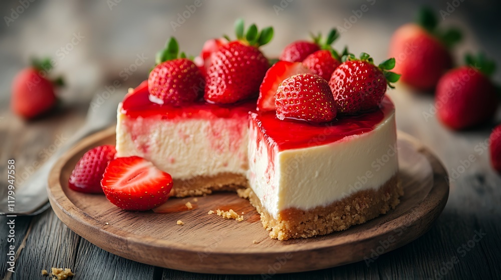 Delicious cheesecake with fresh strawberries on wooden table, closeup Delicious cheesecake with fresh strawberries on wooden table, closeup