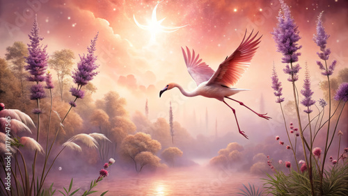 serene flamingo in flight amidst vibrant flowers and dreamy landscape