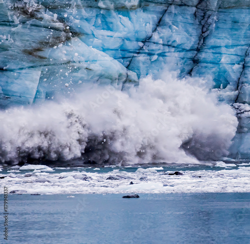 Large falling ice chunks splash and rumble when they hit the water