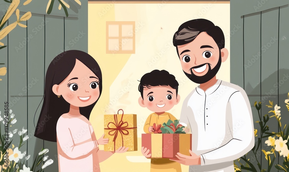 Family receiving gifts at home entrance, sunny day Family receiving gifts at home entrance, sunny day