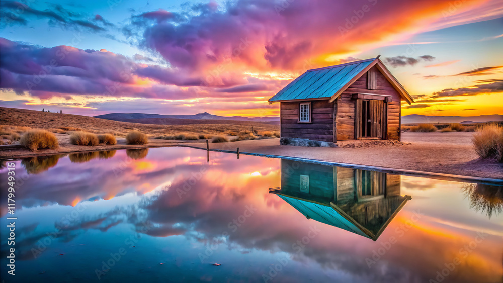 Fototapeta premium serene wooden hut reflecting in tranquil pond at sunset