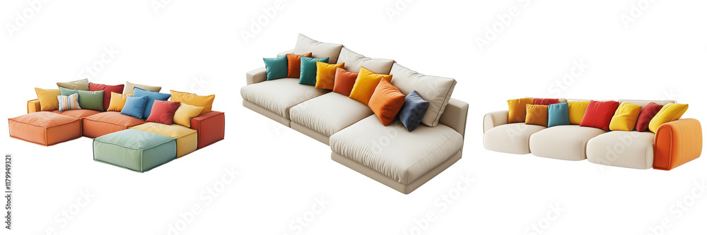 Fototapeta premium Set of A cozy living room with a sofa decorated with Anickal Valentines Day Burgundy Pillow Covers on transparent png background