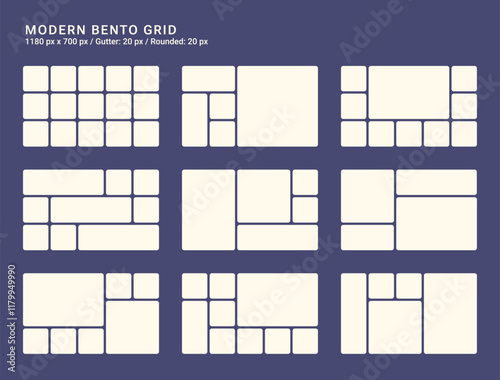 Bento grid for web, presentation. Trendy first screen for website. Graphic dashboard for presentation template. Admin statistical software, web interface vector template. Futuristic style 1180 x 700