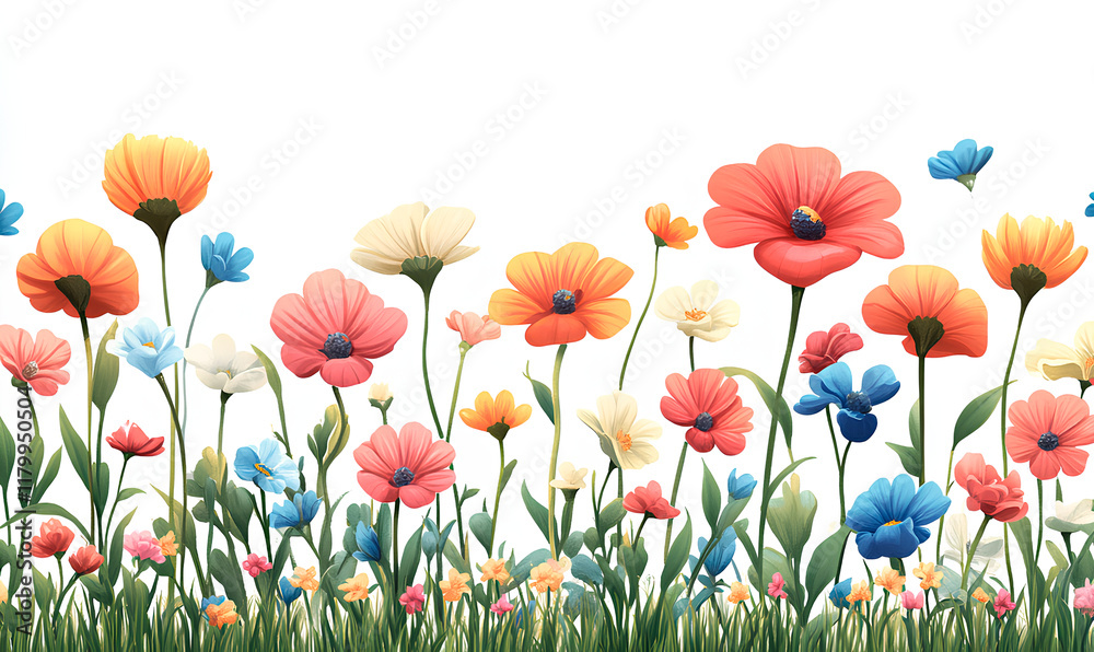 Fototapeta premium Vibrant wildflowers create a cheerful border, blooming in lush green grass against a clean white backdrop