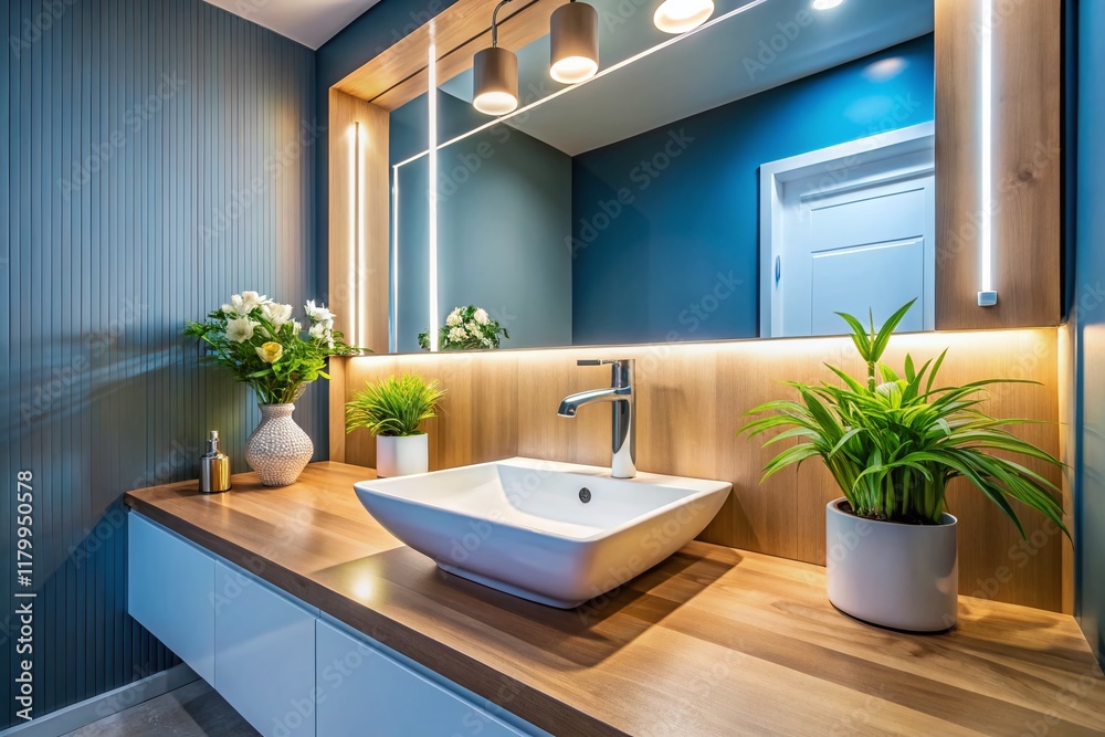 Fototapeta premium Modern Minimalist Bathroom Interior: White Sink & Faucet, Copy Space Left