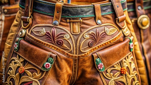 Authentic Bavarian Lederhosen Breeches: Close-up Detail Stock Photo photo