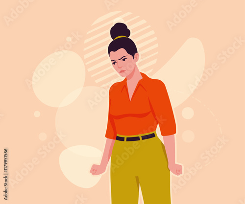 Modern businesswoman wonder angry pose. Business lady, high waisted pants, office trousers with belt, attractive blouse female model. Vector flat style cartoon illustration, creative background color